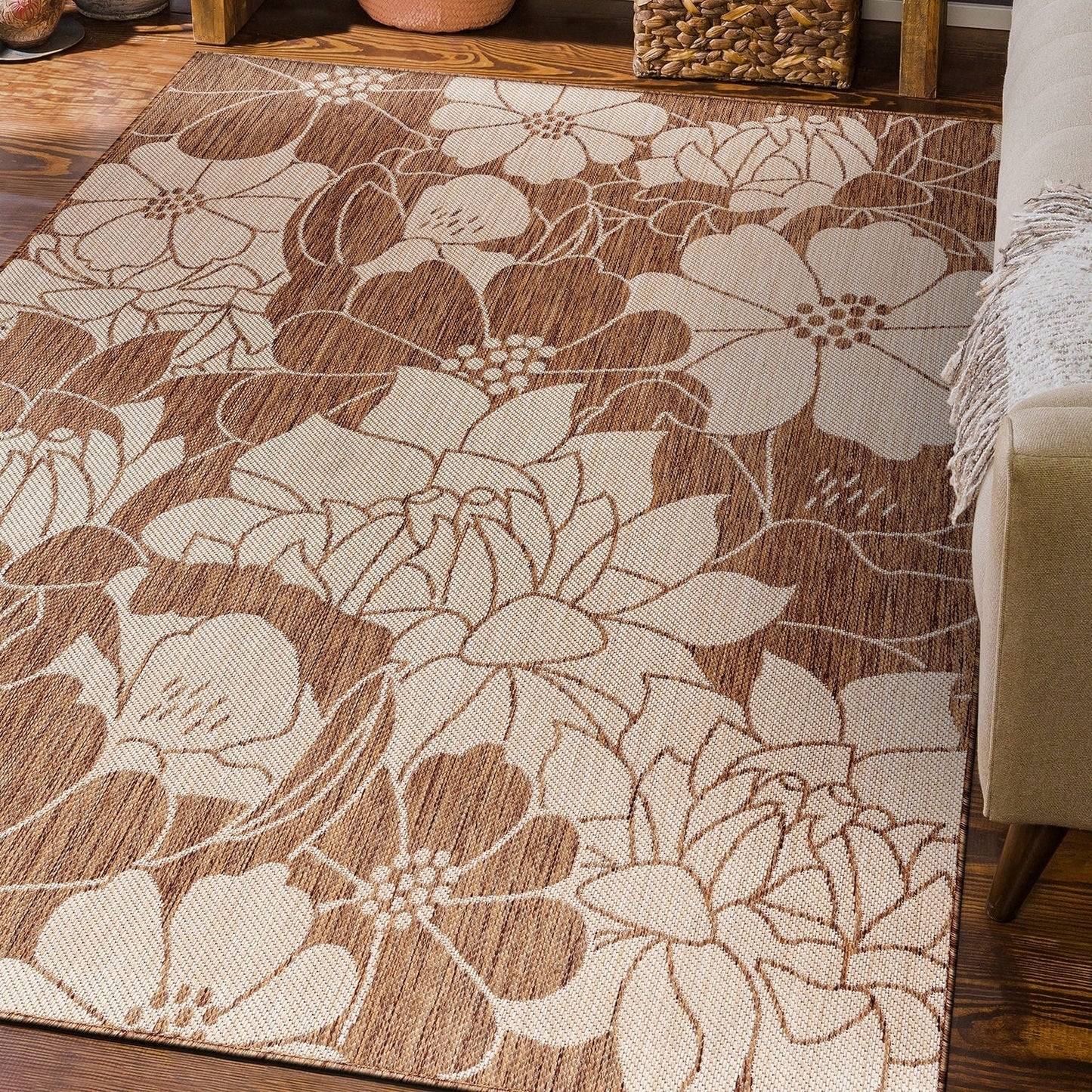 Tapis d'intérieur/extérieur texturé à motif floral moderne World Rug Gallery