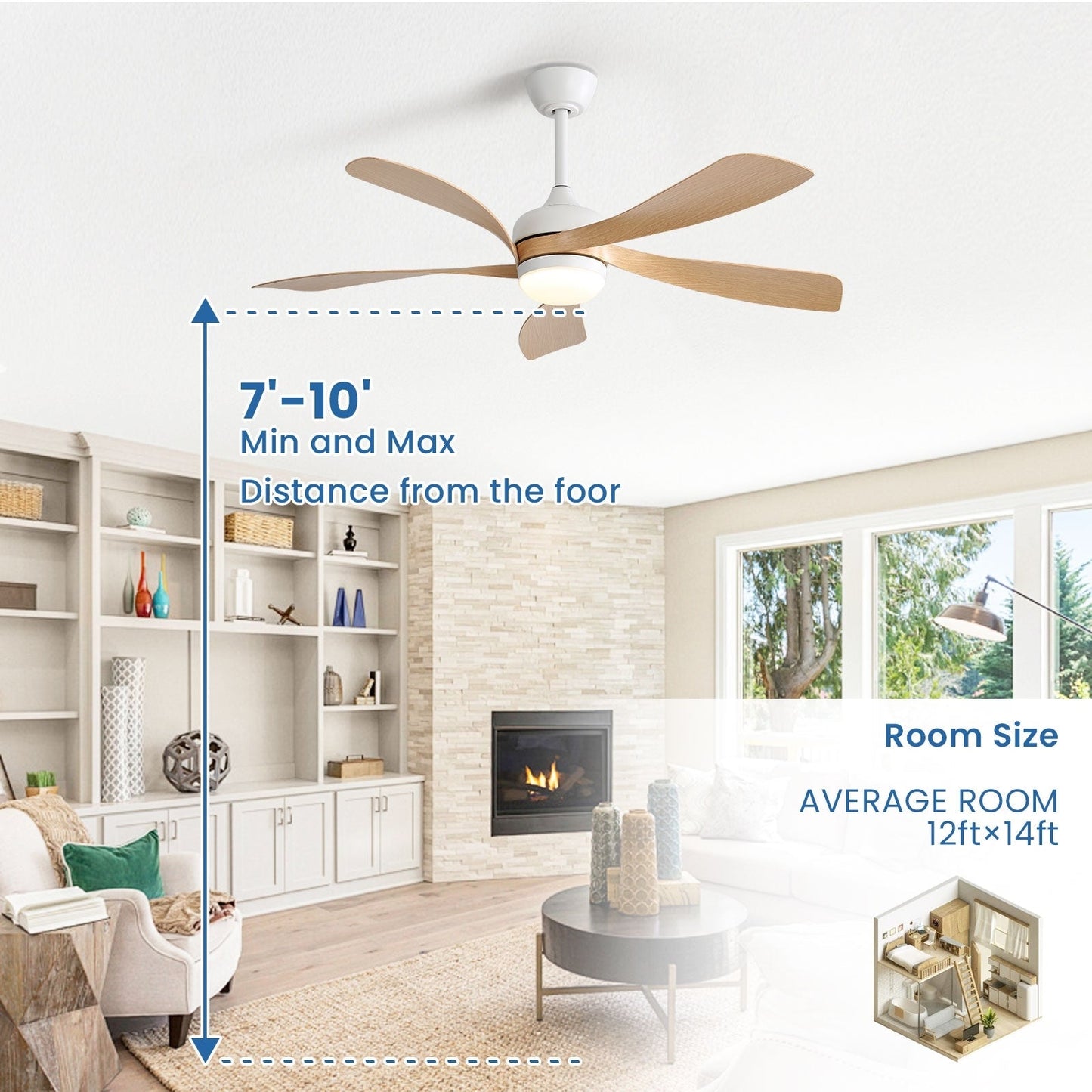 Ventilateur de plafond de 52 pouces avec télécommande et éclairage, moteur CC silencieux, 5 pales, haut débit d'air (CFM)