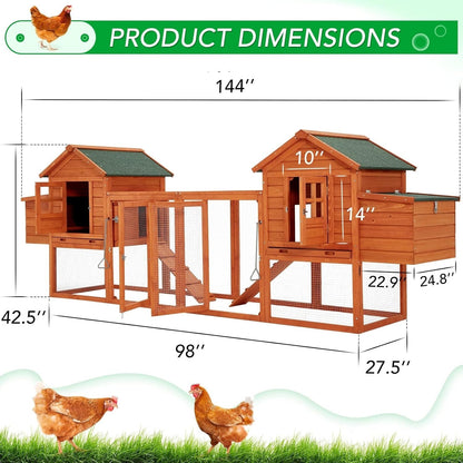 AECOJOY 144'' Grand Poulailler avec Enclos Clapier en Bois Cage à Volaille Maison