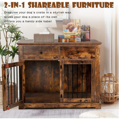 Cage pour chien Bossin de 111 cm de large, table d'appoint en bois avec tiroirs de rangement, niche décorative pour animaux de compagnie.
