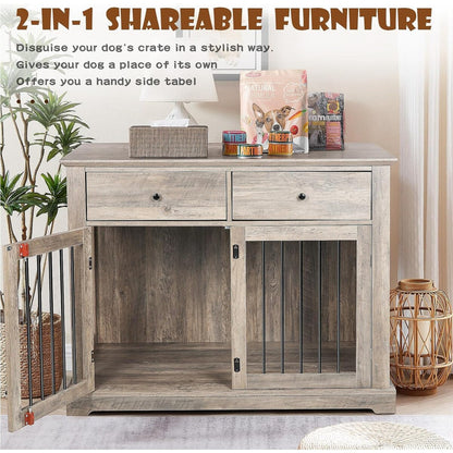 Cage pour chien Bossin de 111 cm de large, table d'appoint en bois avec tiroirs de rangement, niche décorative pour animaux de compagnie.