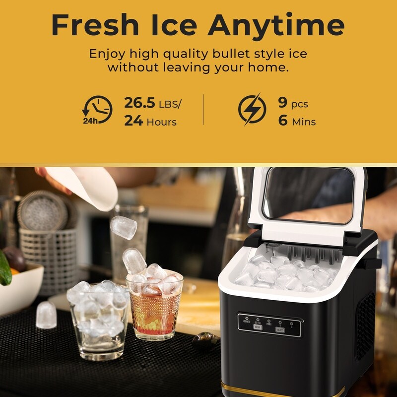 Countertop Ice Maker with Ice Scoop and Basket, 9 Cubes in 6 Mins, 26.5lbs/24h, 2 Sizes of Bullet Ice, Self-Cleaning