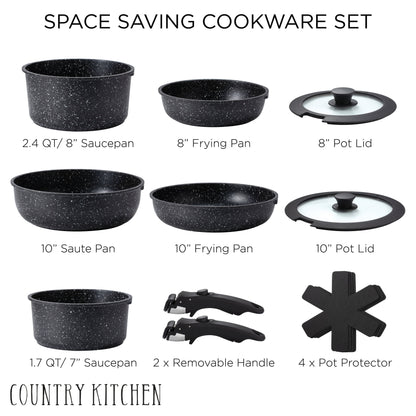 Country Kitchen RV Cookware- 13 Piece Aluminum Pots and Pans with Removable Handle Oven Safe