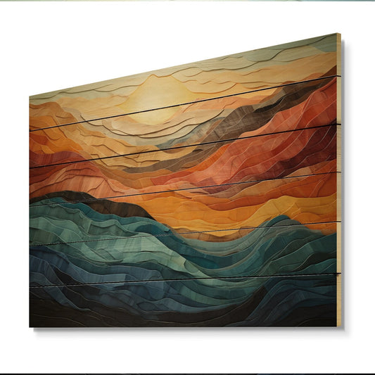 Impression moderne de paysage de montagnes audacieuses corail sarcelle Designart sur bois de pin naturel