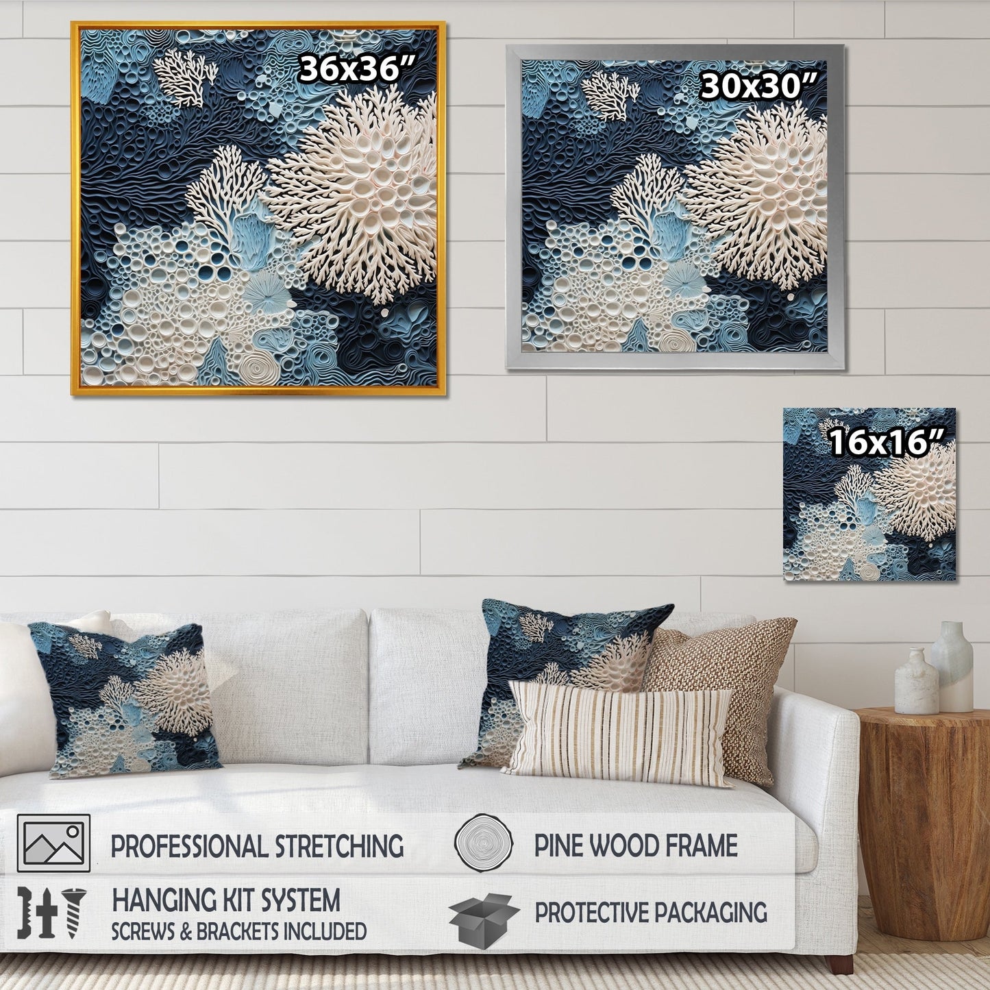 Designart Under Water Blue And White Corals Collage Coastal Framed Wall Art