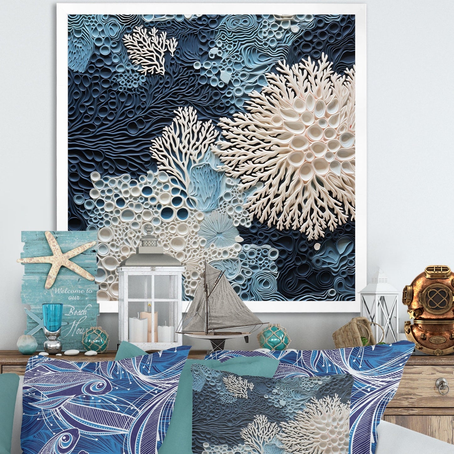 Designart Under Water Blue And White Corals Collage Coastal Framed Wall Art