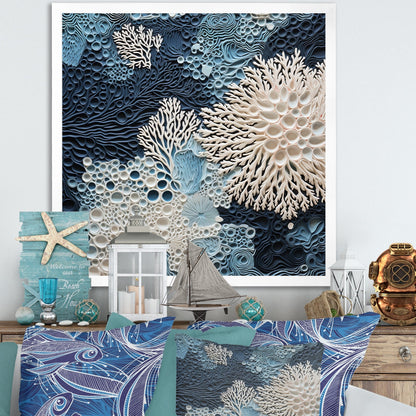 Designart Under Water Blue And White Corals Collage Coastal Framed Wall Art