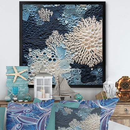 Designart Under Water Blue And White Corals Collage Coastal Framed Wall Art