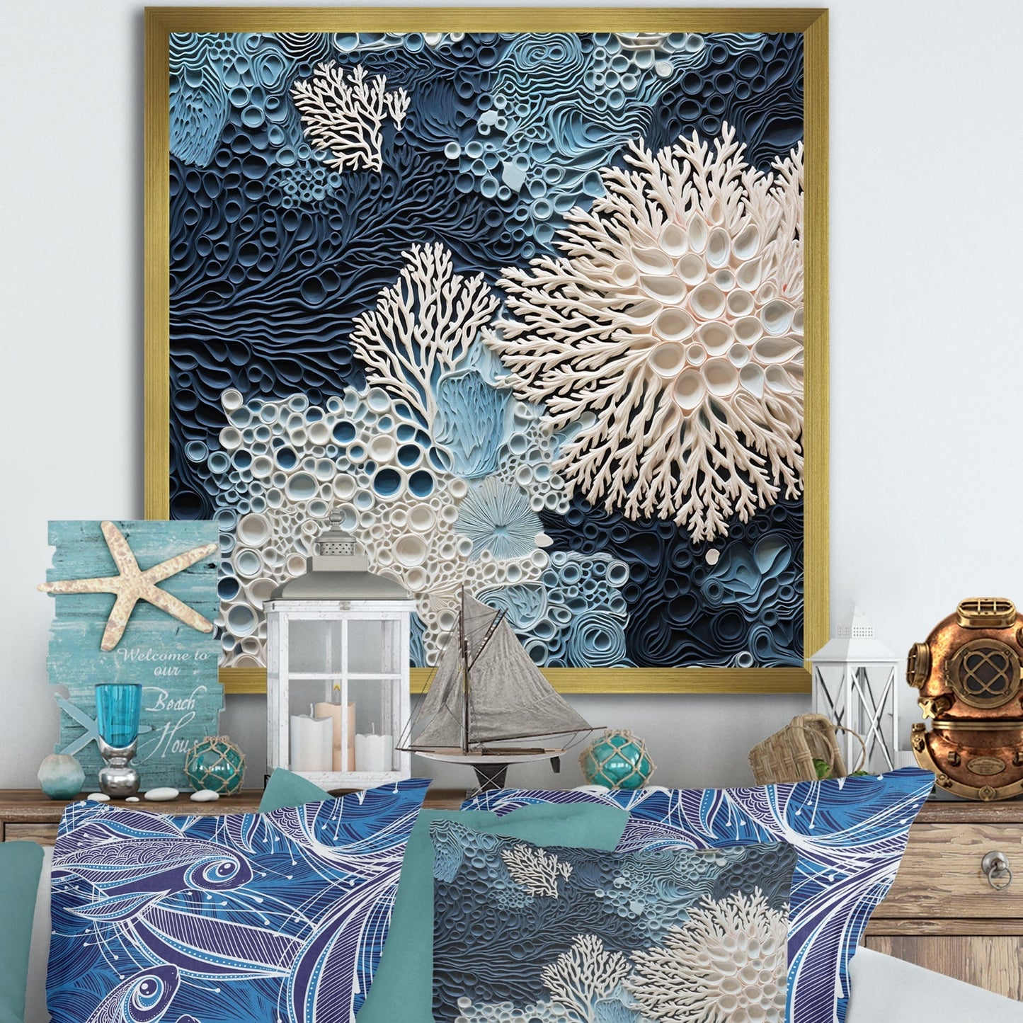 Designart Under Water Blue And White Corals Collage Coastal Framed Wall Art