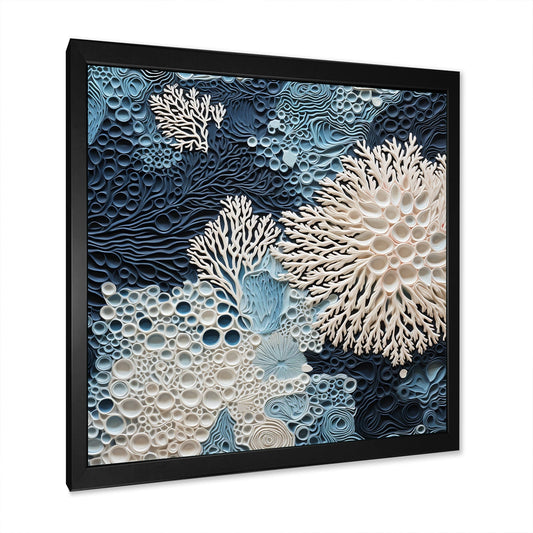 Designart Under Water Blue And White Corals Collage Coastal Framed Wall Art