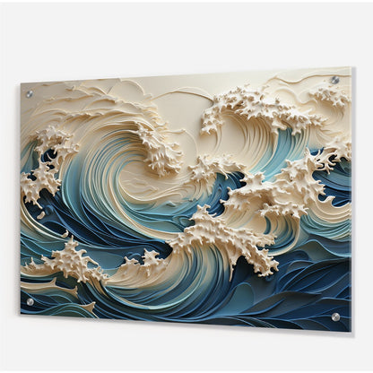 Décoration murale brillante Designart en papier découpé motif vagues blanches et bleues, style III, vagues côtières - Décoration murale en acrylique côtière pour chambre