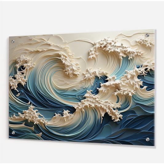 Décoration murale brillante Designart en papier découpé motif vagues blanches et bleues, style III, vagues côtières - Décoration murale en acrylique côtière pour chambre