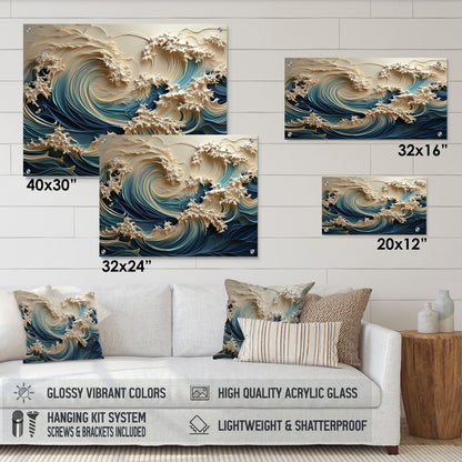 Décoration murale brillante Designart en papier découpé motif vagues blanches et bleues, style III, vagues côtières - Décoration murale en acrylique côtière pour chambre
