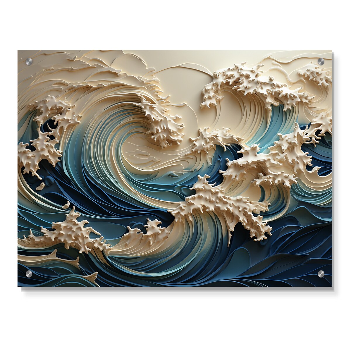 Décoration murale brillante Designart en papier découpé motif vagues blanches et bleues, style III, vagues côtières - Décoration murale en acrylique côtière pour chambre