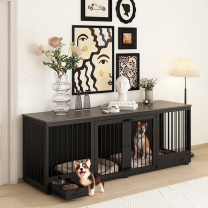 Meubles pour cage à chien - Niche en bois avec séparateur de pièce et 2 tiroirs