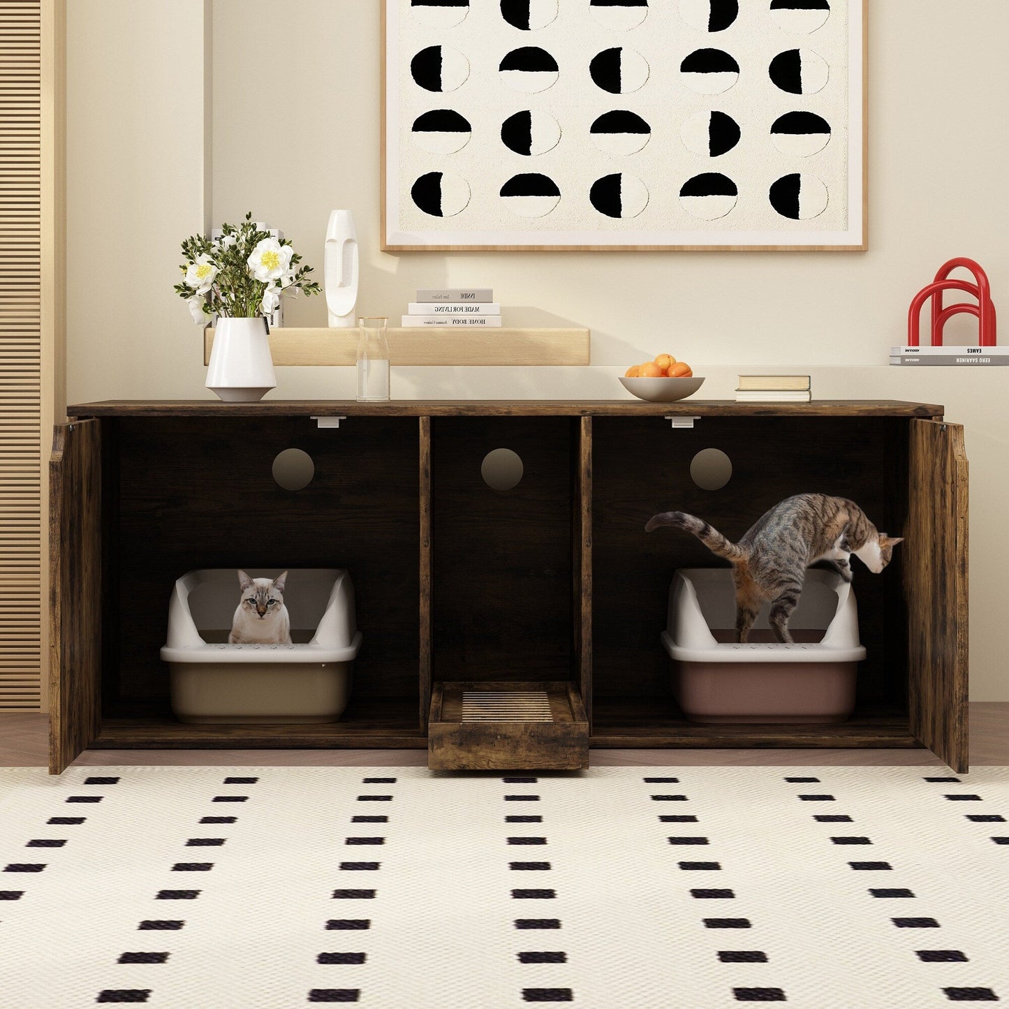 Meuble multifonctionnel pour bac à litière à double compartiment