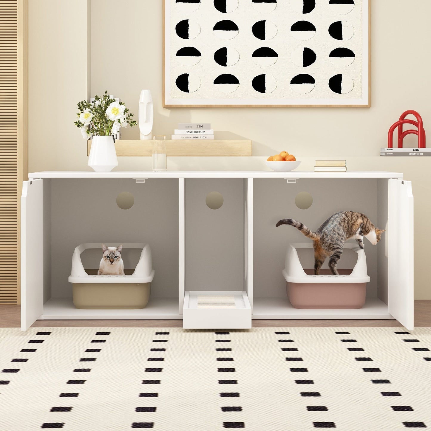 Meuble multifonctionnel pour bac à litière à double compartiment