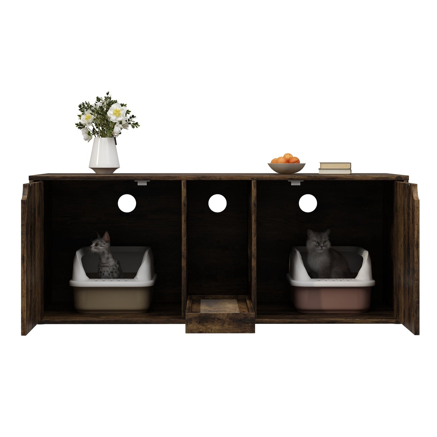 Meuble multifonctionnel pour bac à litière à double compartiment