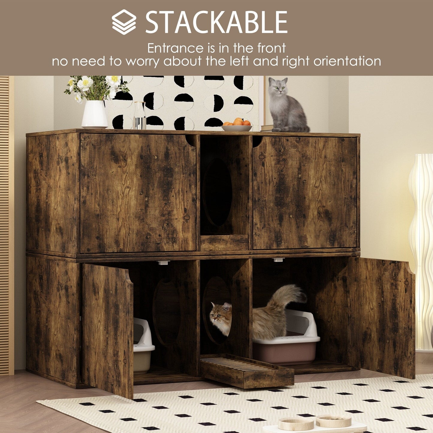 Meuble multifonctionnel pour bac à litière à double compartiment