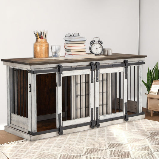Cage pour chien en bois massif EROMMY, niche d'intérieur avec porte coulissante et meuble TV, niche chic en bois, cage élégante pour chien