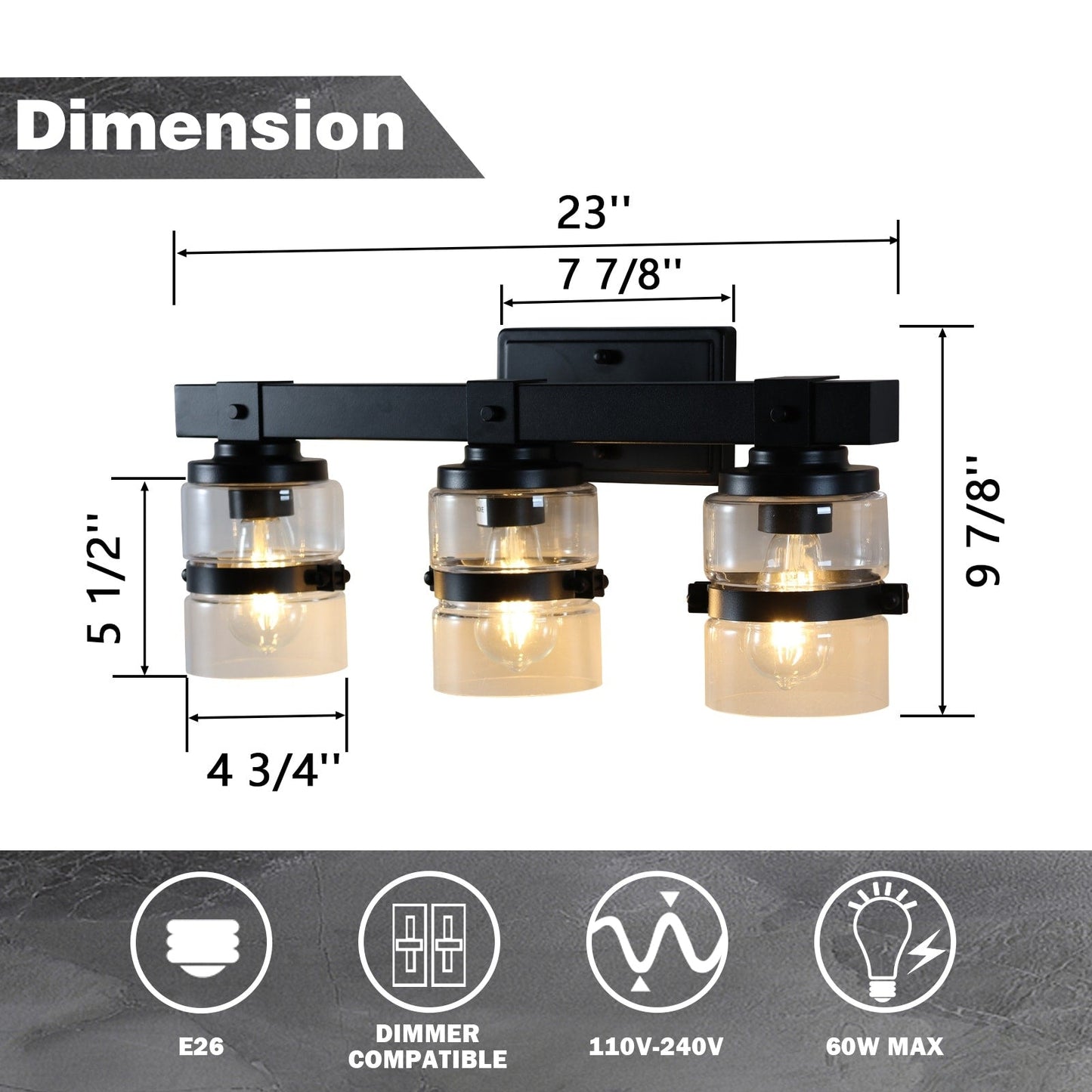 ExBrite Farmhouse 3-lights Bathroom Dimmable Iron Black Vanity Lights Wall Sconces