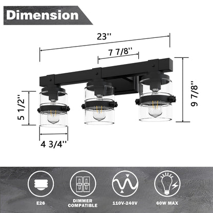 ExBrite Farmhouse 3-lights Bathroom Dimmable Iron Black Vanity Lights Wall Sconces