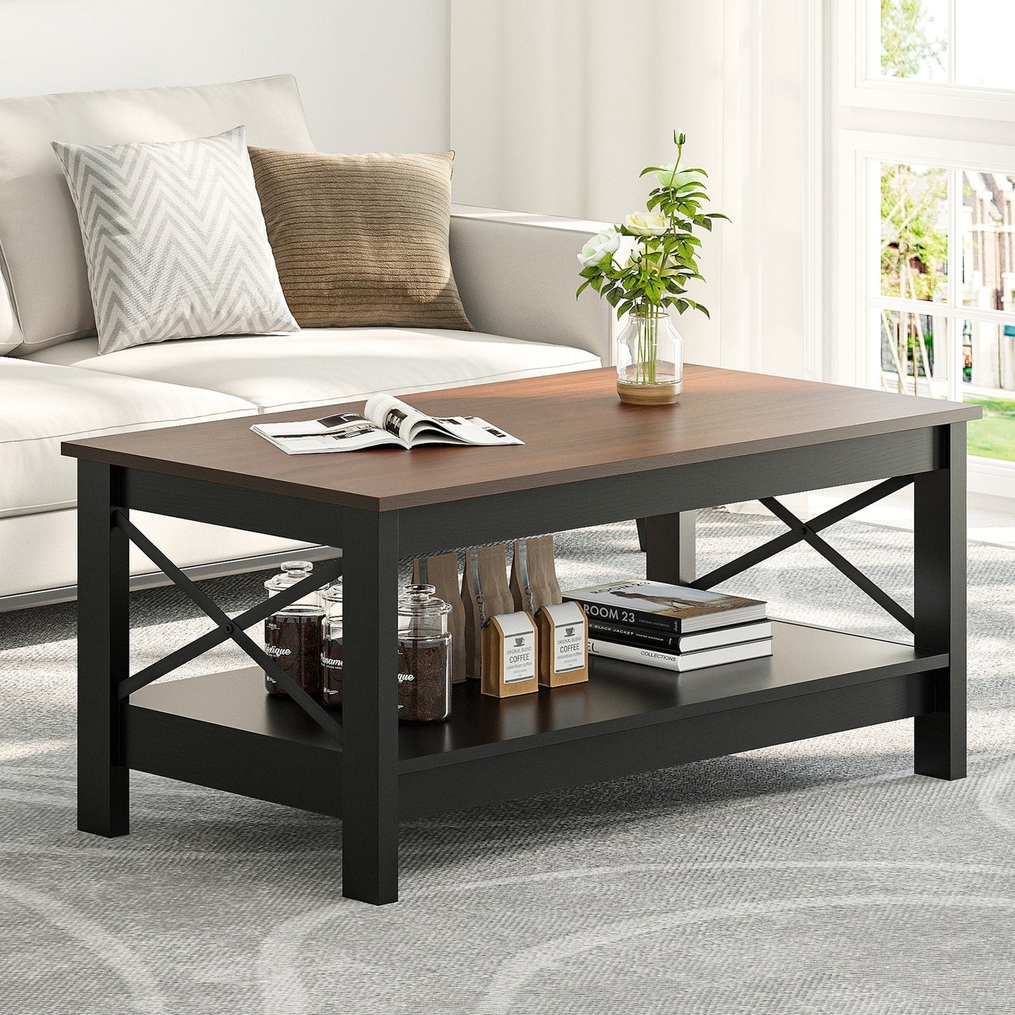 Farmhouse Coffee Table with Storage 2-Tier Center Table for Living Room