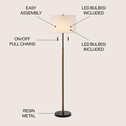 Lampe de sol à LED Koda 61, style rustique, style ferme, avec chandelier en fer et chaînes de traction, finition bois marron/noir, par JONATHAN Y