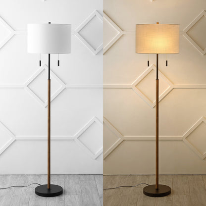 Lampe de sol à LED Koda 61, style rustique, style ferme, avec chandelier en fer et chaînes de traction, finition bois marron/noir, par JONATHAN Y