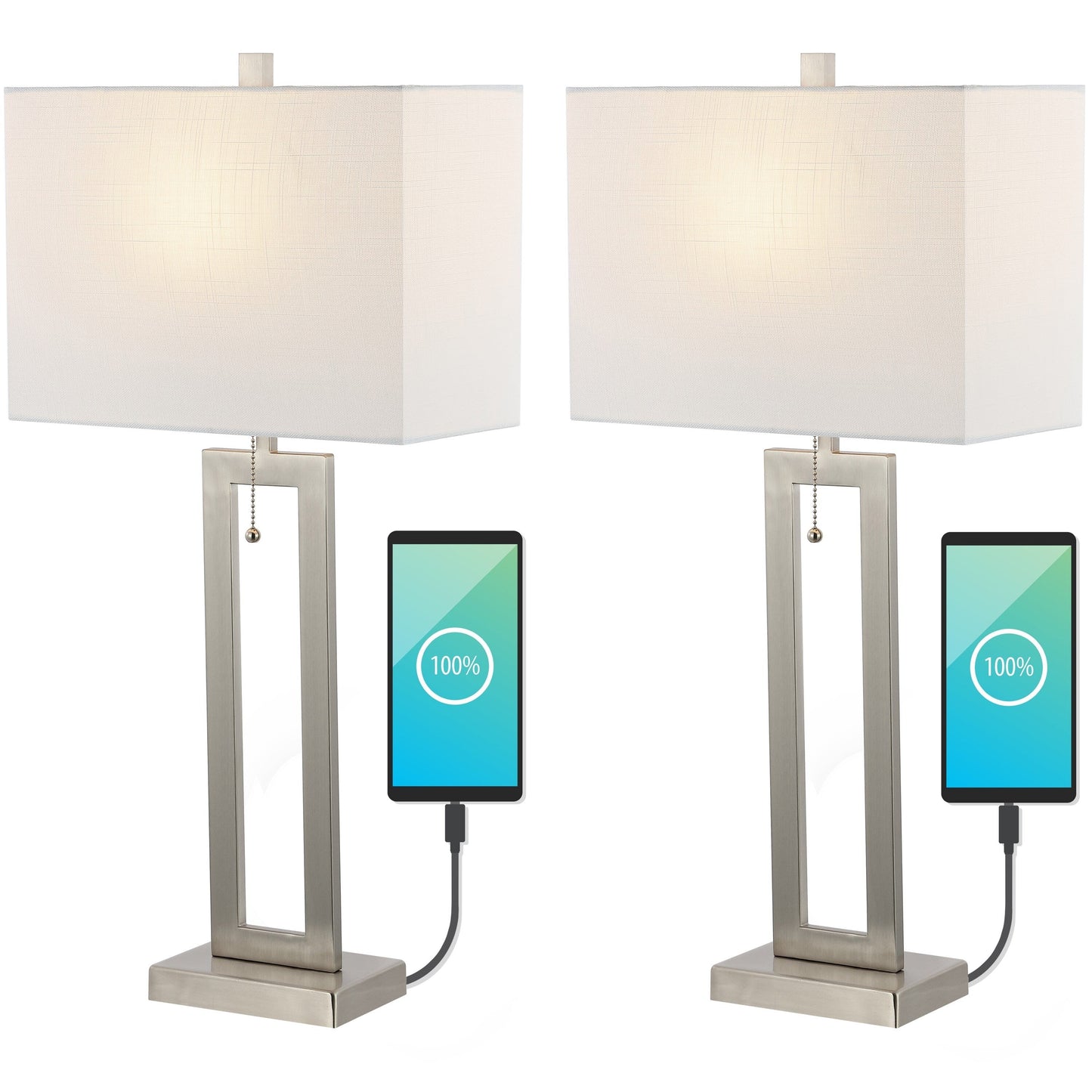 Lampe de table LED industrielle vintage Lucie 28,5 cm avec chaînette et port de chargement USB (lot de 2) par JONATHAN Y
