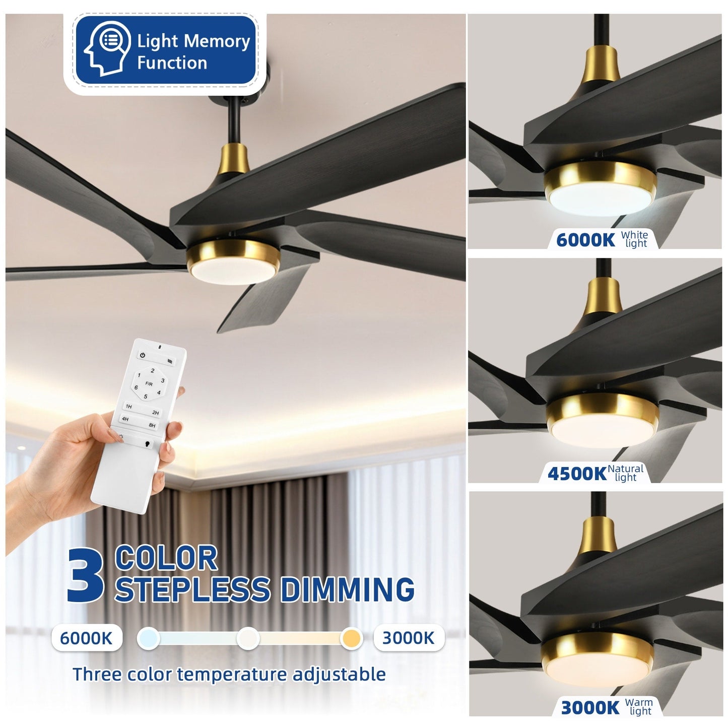 Ventilateur de plafond moderne Moasis 52 avec télécommande, éclairage et 5 pales en bois massif