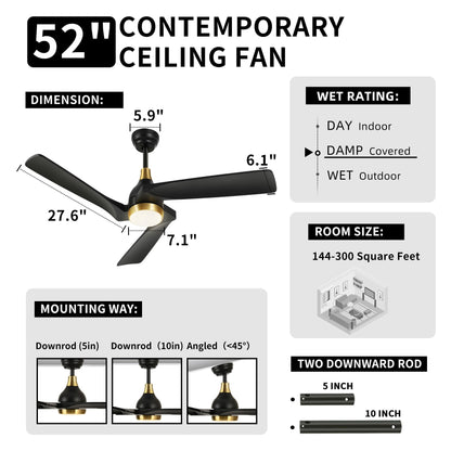 Ventilateur de plafond moderne Moasis 52 avec télécommande, éclairage et 5 pales en bois massif