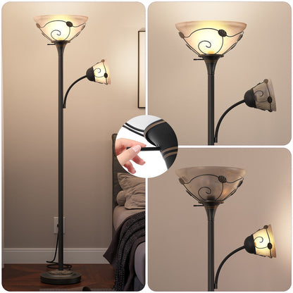 Lampadaire torchère traditionnel Moasis 71 avec lampe de lecture réglable, abat-jour en verre albâtre - 71H