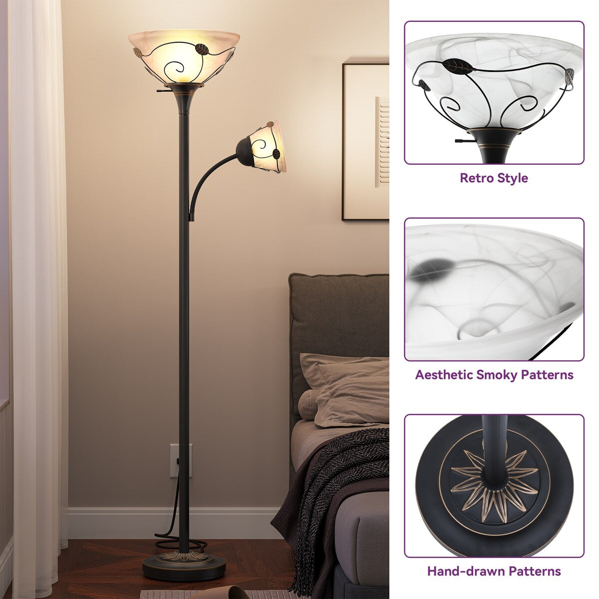 Lampadaire torchère traditionnel Moasis 71 avec lampe de lecture réglable, abat-jour en verre albâtre - 71H