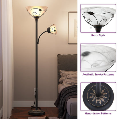 Lampadaire torchère traditionnel Moasis 71 avec lampe de lecture réglable, abat-jour en verre albâtre - 71H