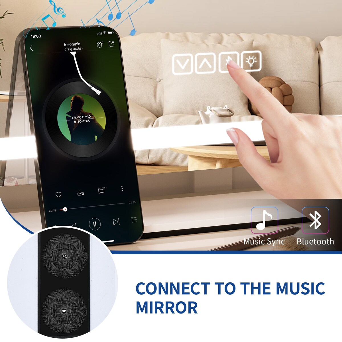 Miroir de maquillage Moasis avec éclairage LED, port de chargement USB, grossissement x10, haut-parleur Bluetooth