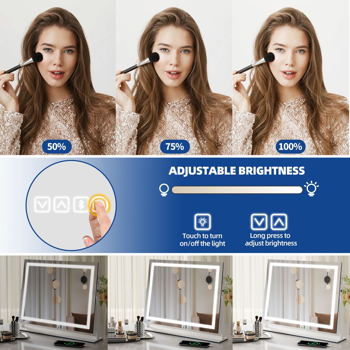 Miroir de maquillage Moasis avec éclairage LED, port de chargement USB, grossissement x10, haut-parleur Bluetooth