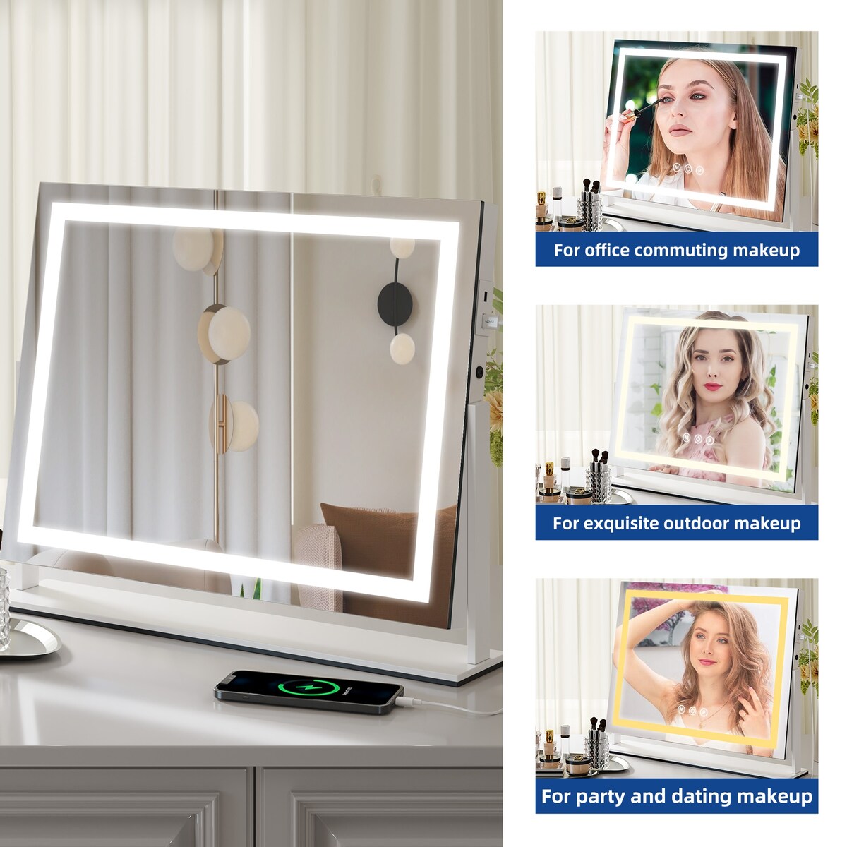 Miroir de maquillage Moasis avec éclairage LED, port de chargement USB, grossissement x10, haut-parleur Bluetooth