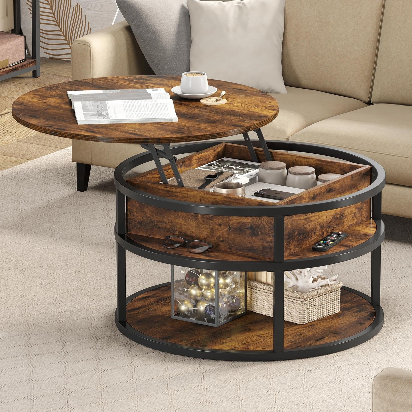 Table basse ronde relevable Moasis avec rangement dissimulé