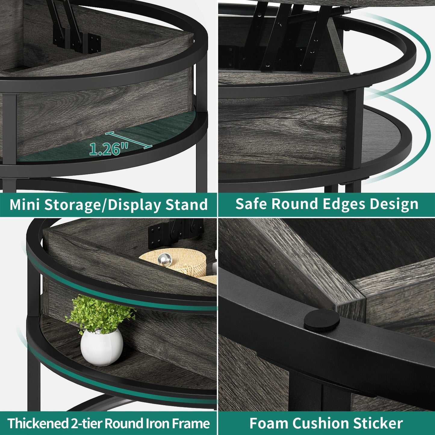 Table basse ronde relevable Moasis avec rangement dissimulé