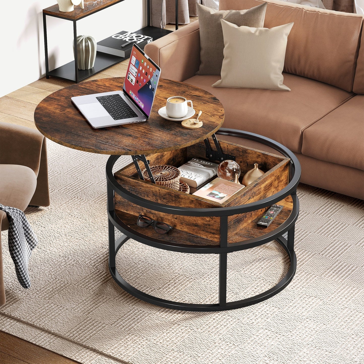 Table basse ronde relevable Moasis avec rangement dissimulé
