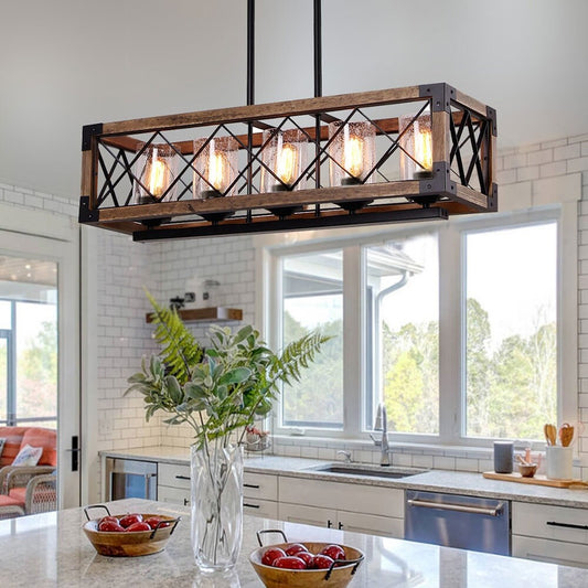 Lustre rectangulaire en bois à 5 lumières de style ferme moderne, avec verre grainé et îlot de cuisine pour salle à manger – 31,5 L x 8,75 l x 8 H
