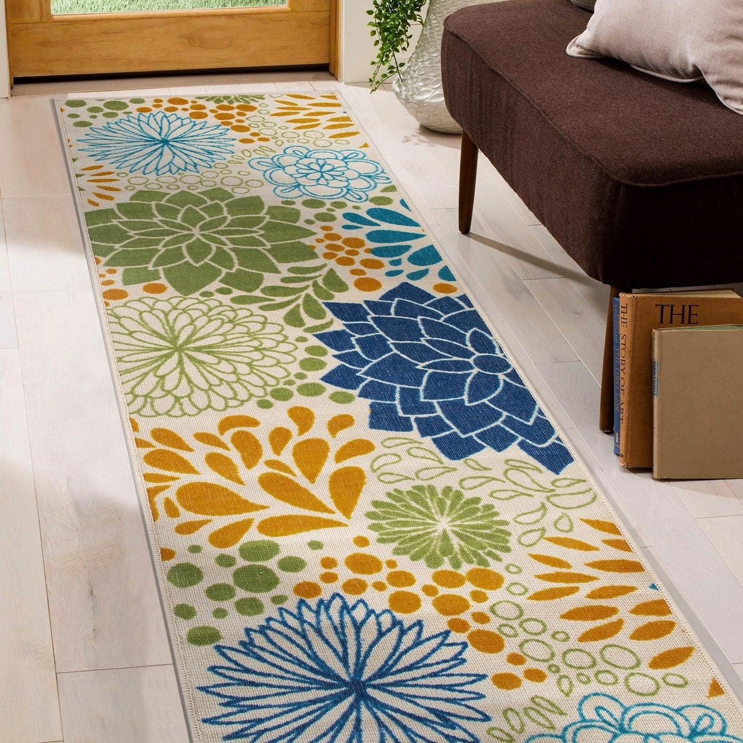 Tapis d'intérieur/extérieur tissé à plat à motifs floraux modernes