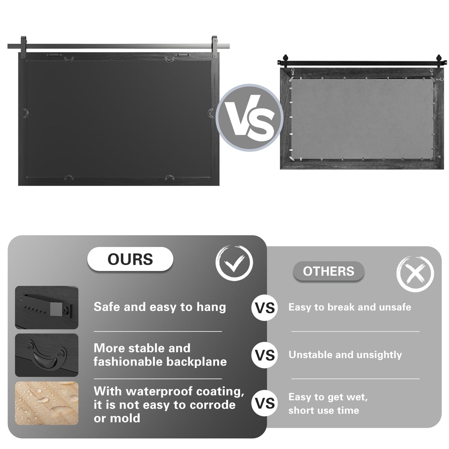 Miroirs muraux modernes, miroir rectangulaire avec cadre en bois, miroir de salle de bain, miroir de grange, miroir de porte de grange avec plusieurs tailles