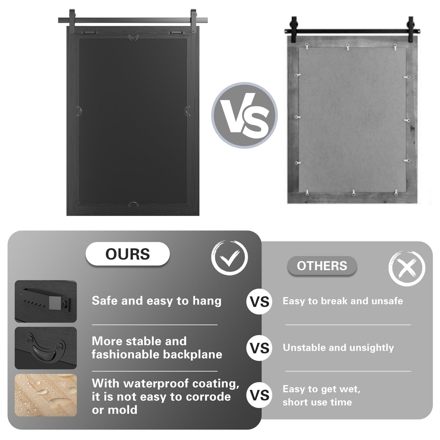 Miroirs muraux modernes, miroir rectangulaire avec cadre en bois, miroir de salle de bain, miroir de grange, miroir de porte de grange avec plusieurs tailles