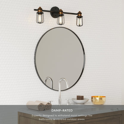 Applique murale d'intérieur Nathan James Rori Vanity à 3 lumières pour salle de bain avec applique cage de ferme et détails en laiton
