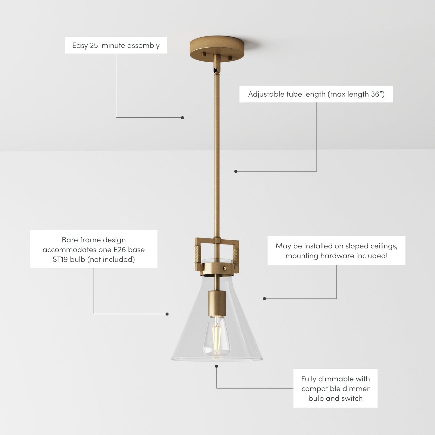 Suspension en verre Nathan James Vincent, luminaire suspendu avec tige réglable et abat-jour transparent