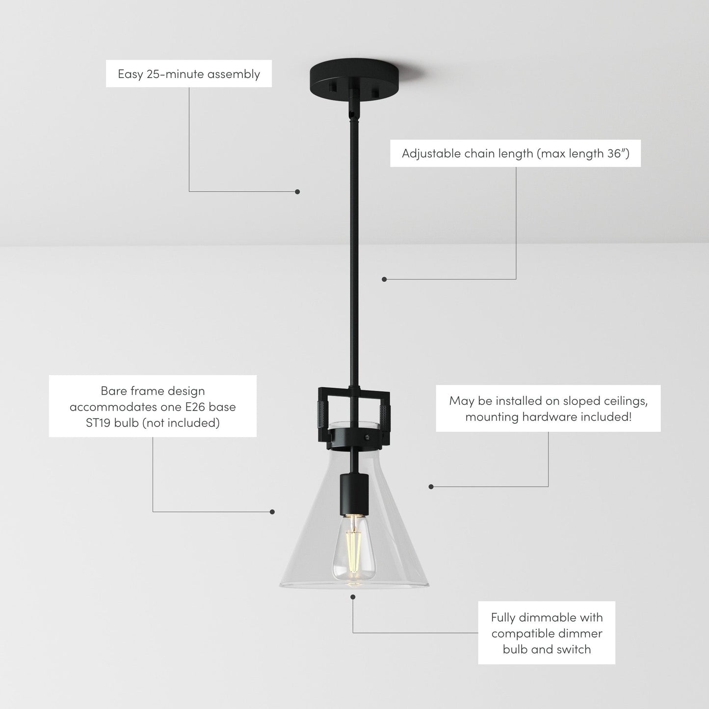 Suspension en verre Nathan James Vincent, luminaire suspendu avec tige réglable et abat-jour transparent