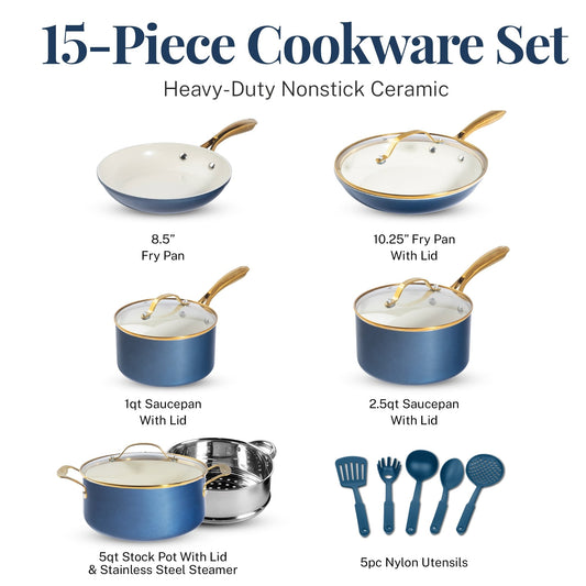 Batterie de cuisine antiadhésive en céramique ultra performante Gotham Steel Natural Collection, 15 pièces, bleu marine