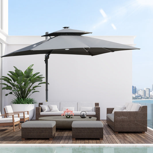 Parasol de terrasse solaire à LED Outsunny de 3 m, parasol suspendu décalé avec rotation à 360°, base croisée, 8 baleines, inclinaison et manivelle